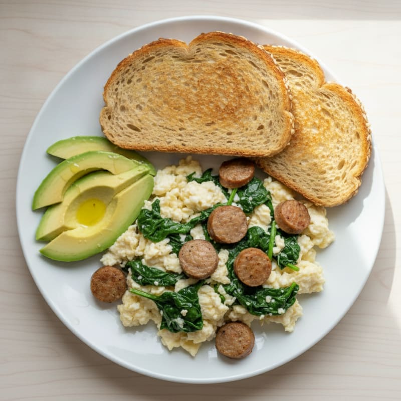 Egg White Scramble with Turkey Sausage and Sautéed Spinach