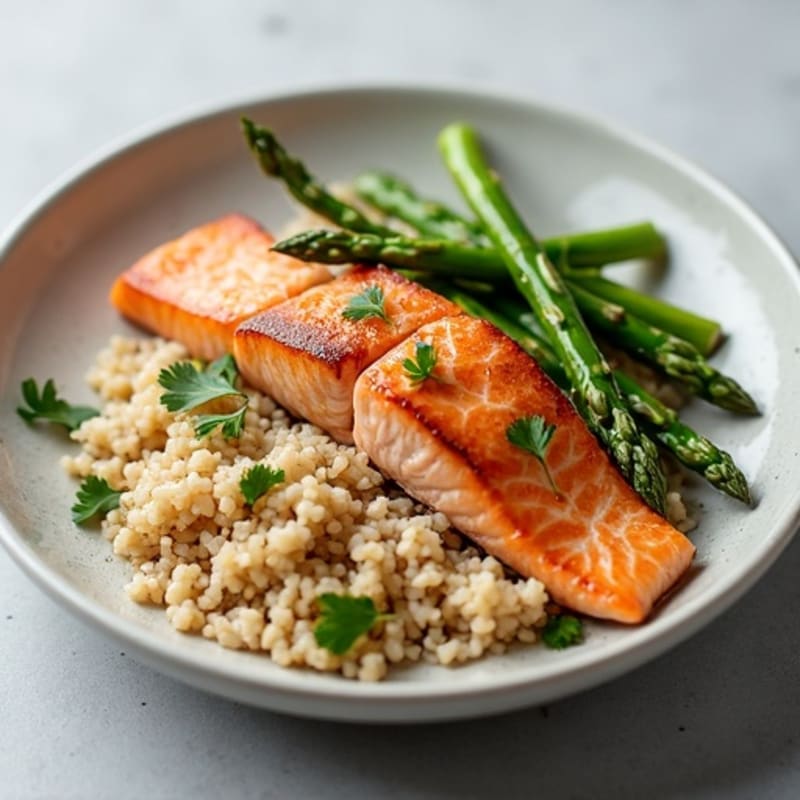 Seared Salmon Fillet with Steamed Asparagus and Brown Rice