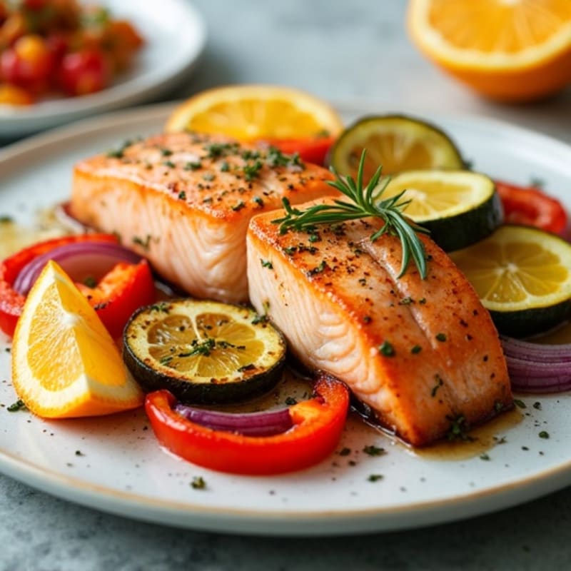 Flaky Salmon with Citrus Roasted Vegetables