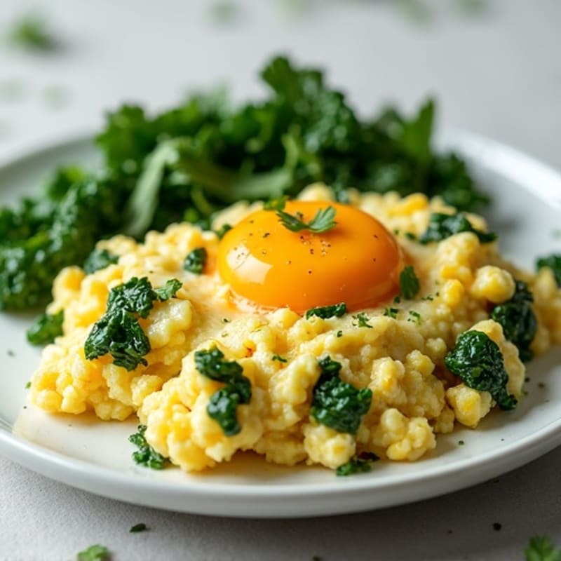 Quick Scrambled Eggs with Fresh Herbs and Sautéed Greens