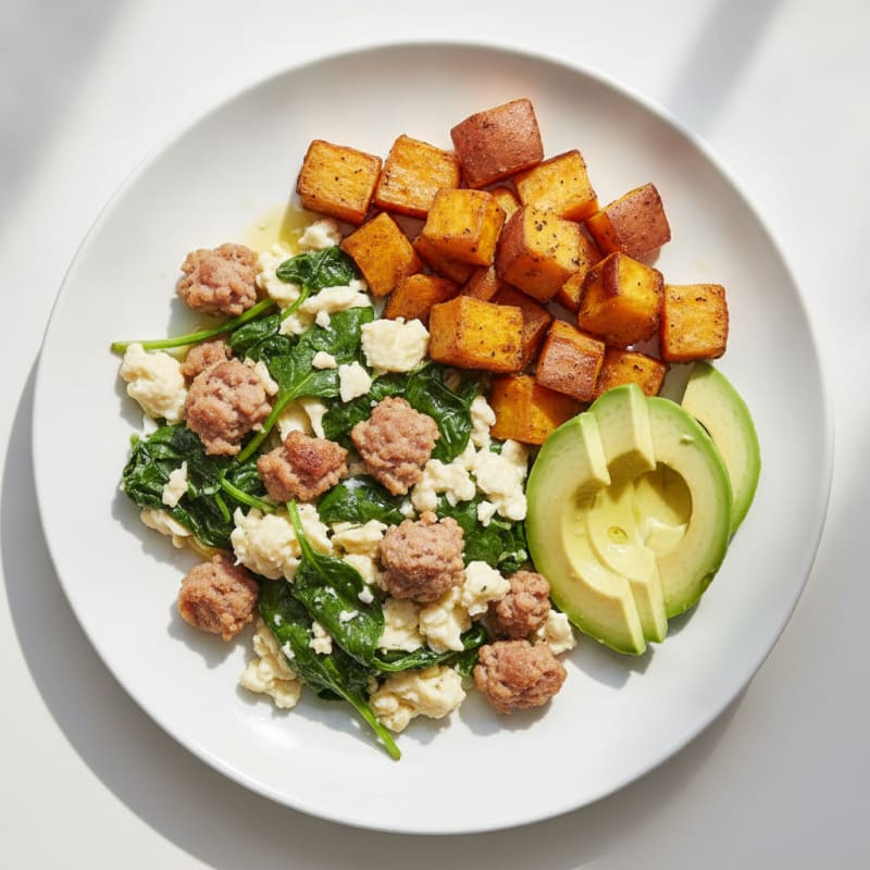 Egg White and Spinach Scramble with Turkey Sausage