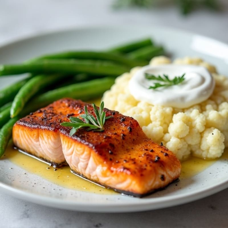 Seared Salmon Fillet with Steamed Green Beans and Garlic Mashed Cauliflower