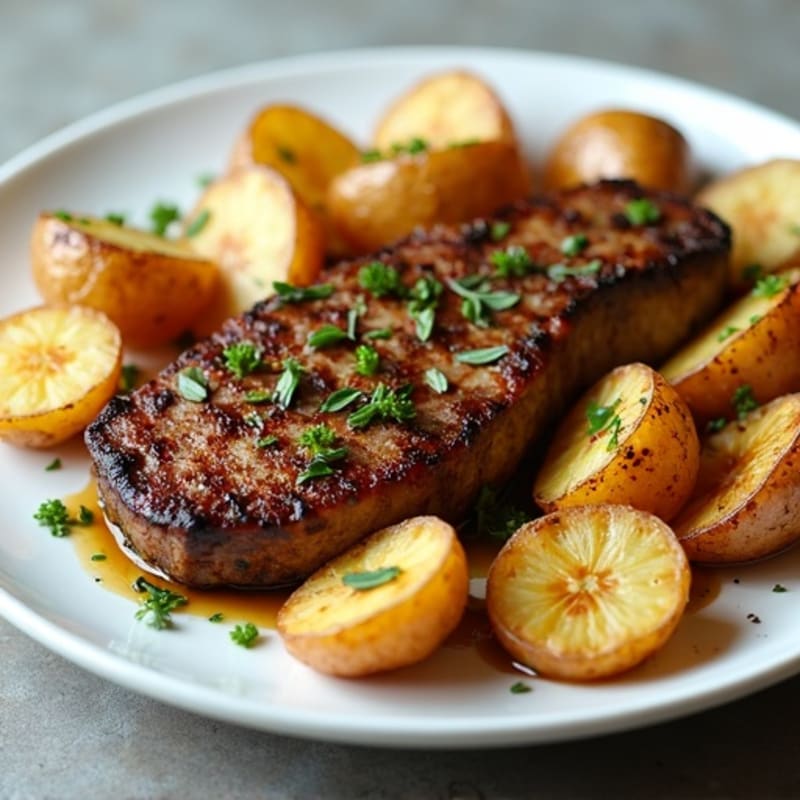 Pan-Seared Garlic Herb Steak with Crispy Roasted Potatoes