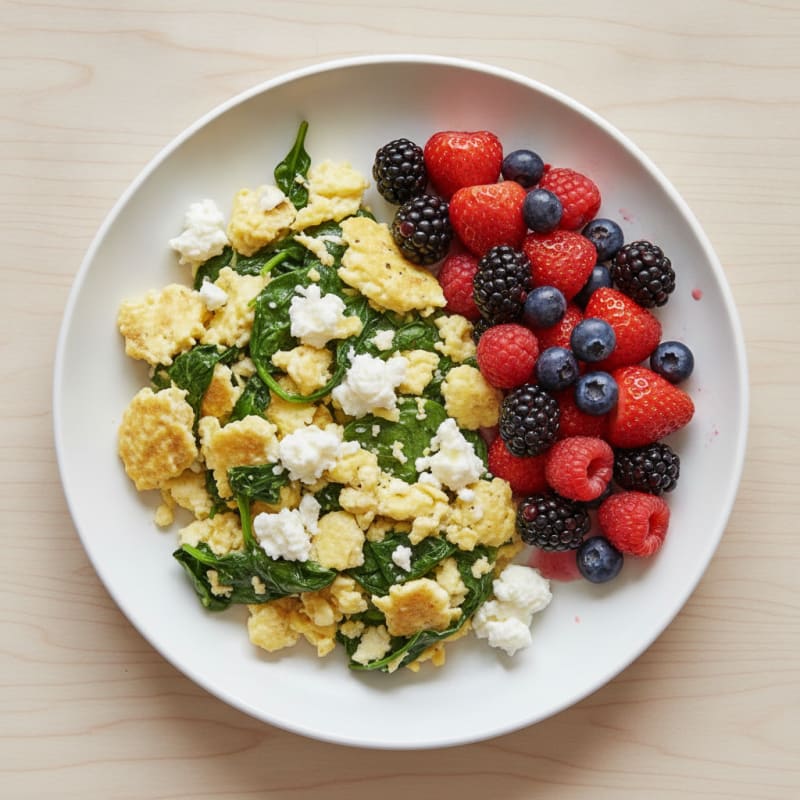 Egg White Spinach Scramble with Cottage Cheese and Fresh Berries