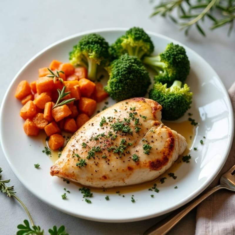 Herb-Roasted Chicken with Crispy Broccoli and Sweet Potato