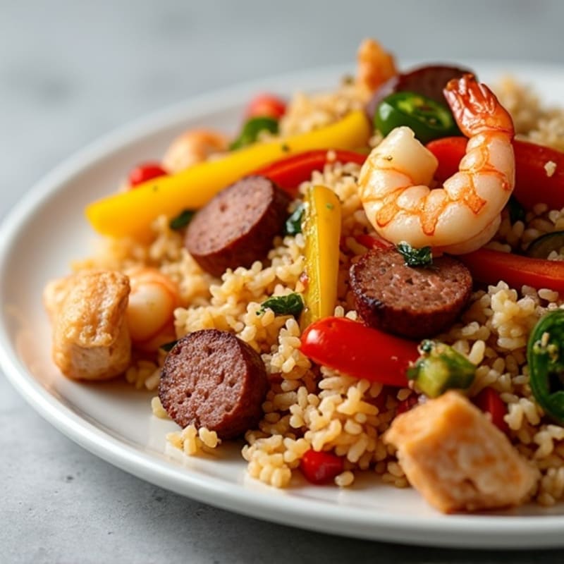 Hearty Chicken, Sausage, and Shrimp with Brown Rice and Spicy Vegetables