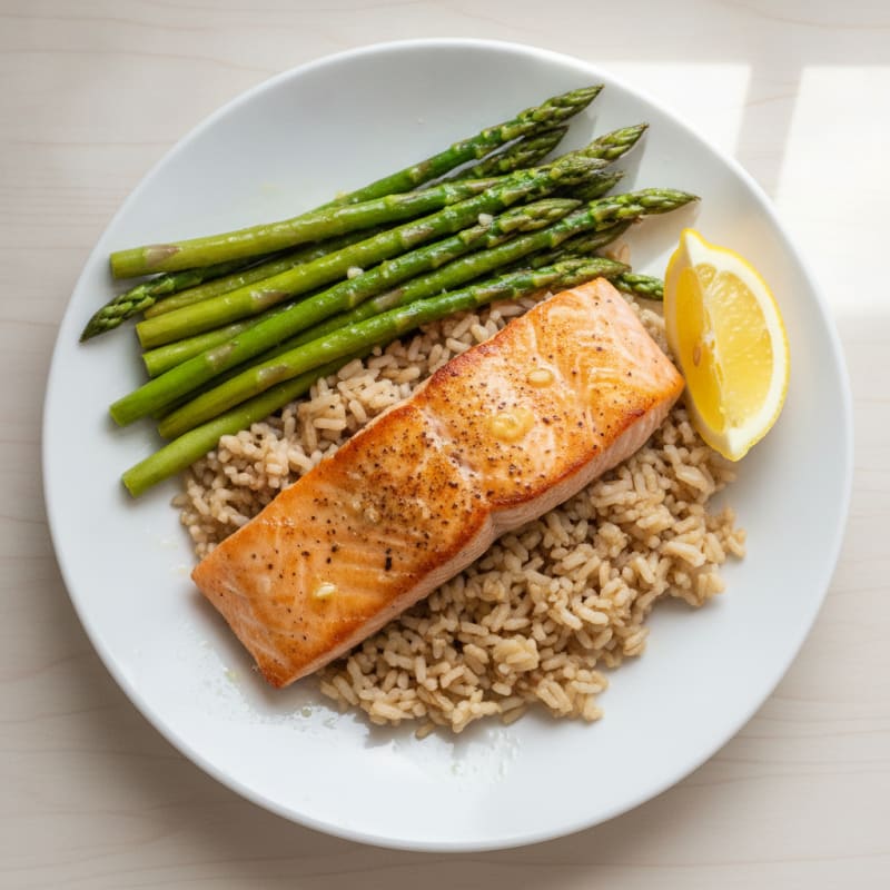 Seared Salmon with Steamed Asparagus and Brown Rice