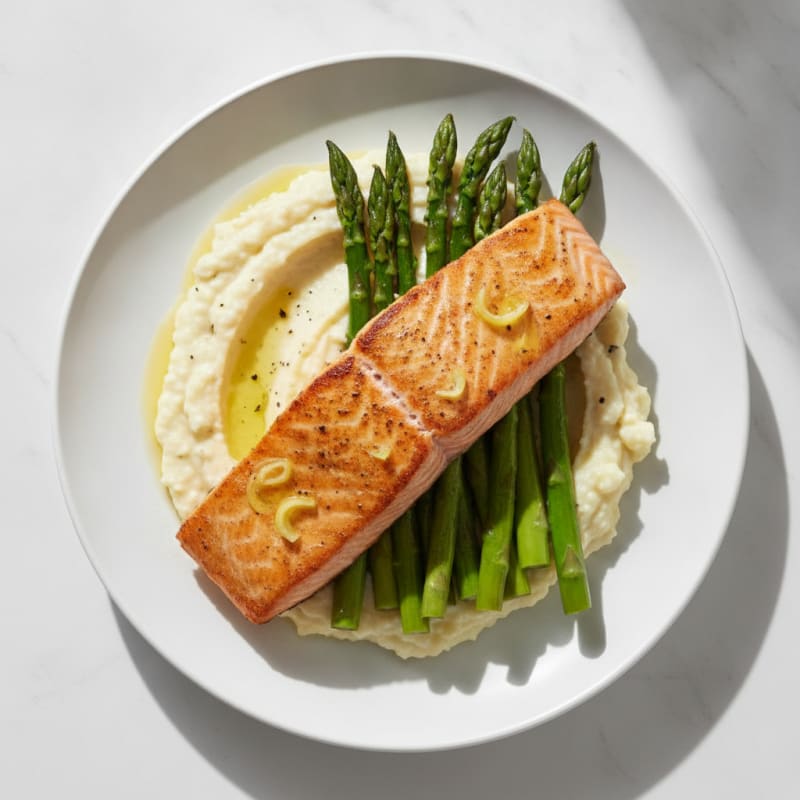 Seared Salmon Fillet with Steamed Asparagus and Garlic Cauliflower Mash