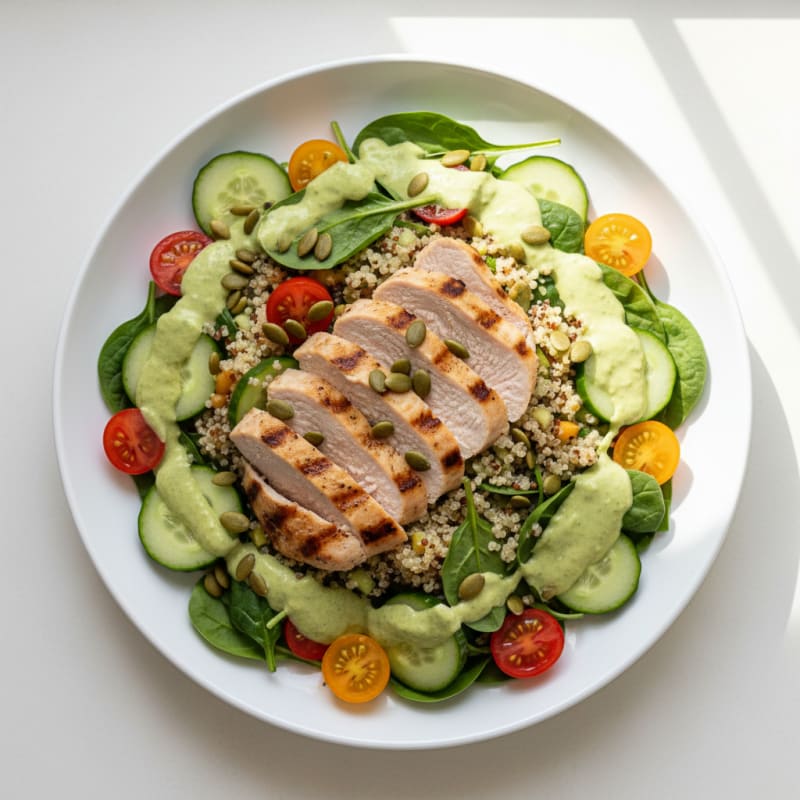 Grilled Turkey Breast Salad with Quinoa and Creamy Avocado Dressing