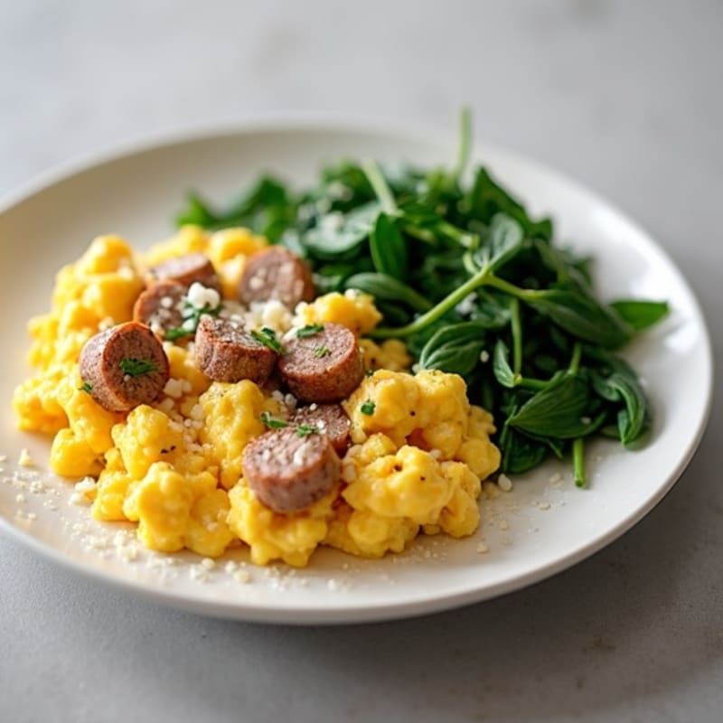 Egg White Scramble with Turkey Sausage and Sautéed Spinach