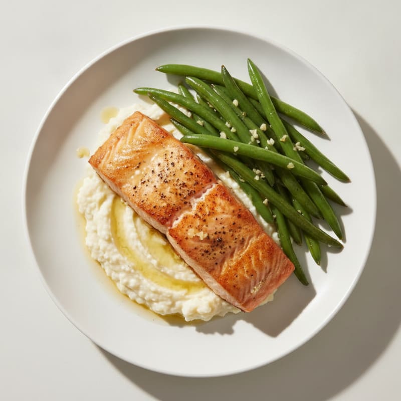 Seared Salmon with Garlic Green Beans and Cauliflower Mash
