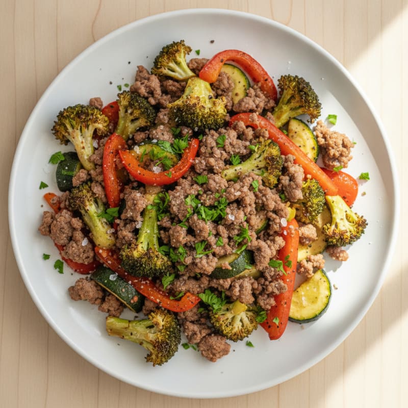 Hearty Ground Beef and Roasted Vegetable Medley