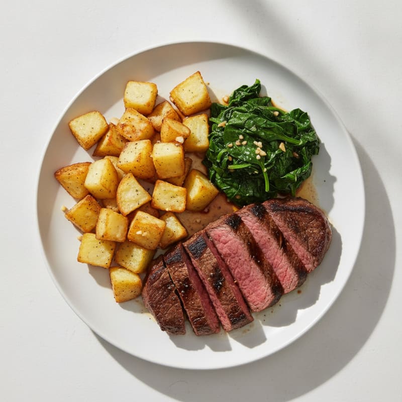 Grilled Steak with Roasted Potatoes and Sautéed Greens