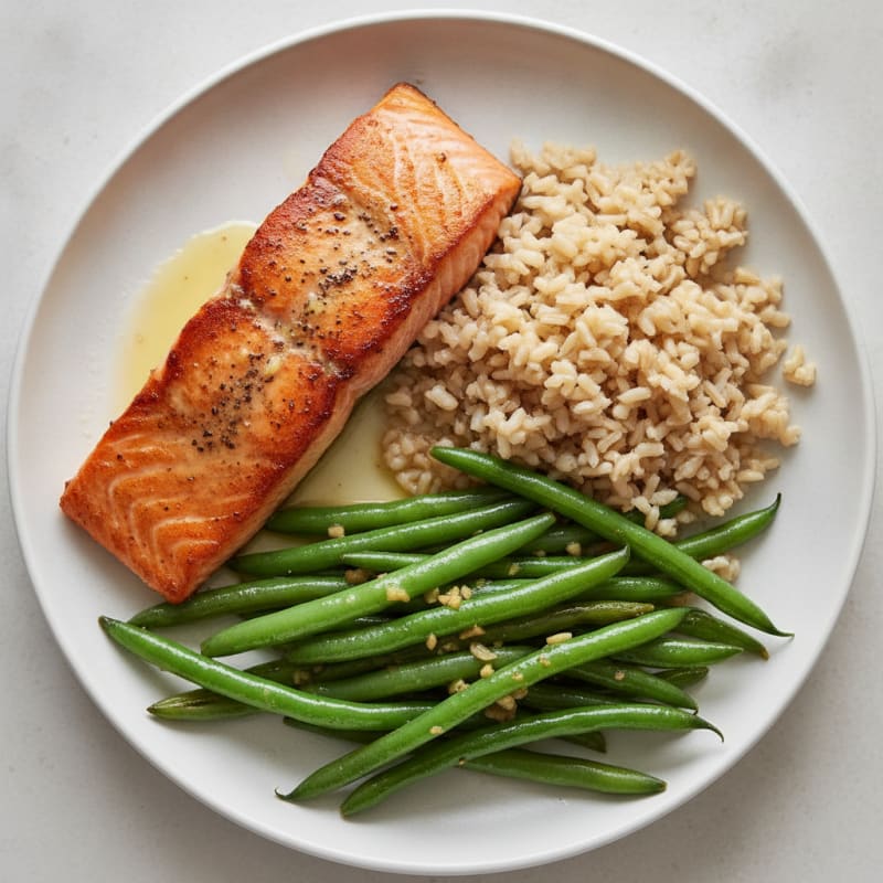 Seared Salmon with Garlic Green Beans and Brown Rice