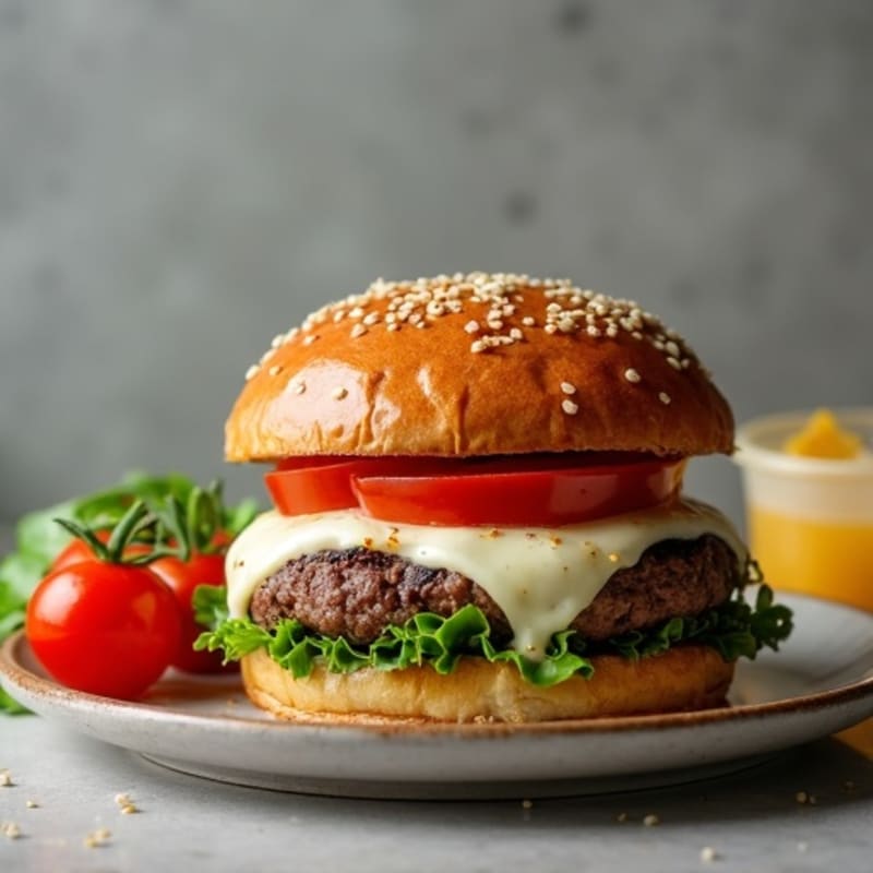 Mozzarella-Stuffed Lean Beef Burger with Roasted Tomatoes