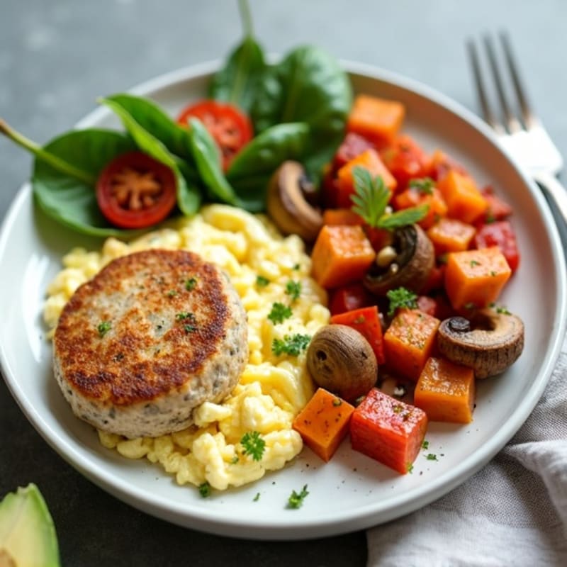 Egg White and Turkey Sausage Scramble with Sweet Potato Hash