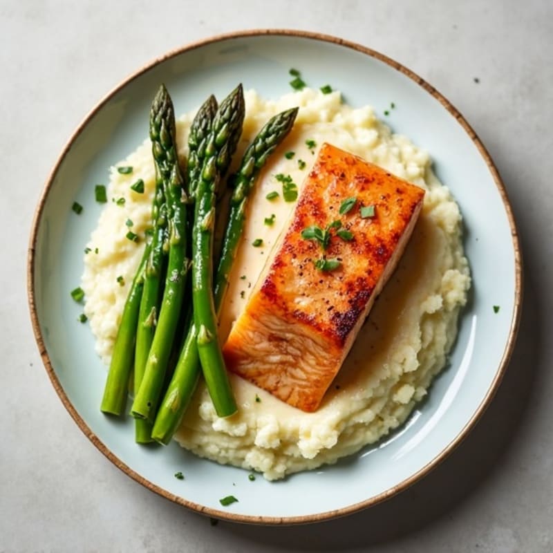 Seared Salmon with Steamed Asparagus and Cauliflower Mash