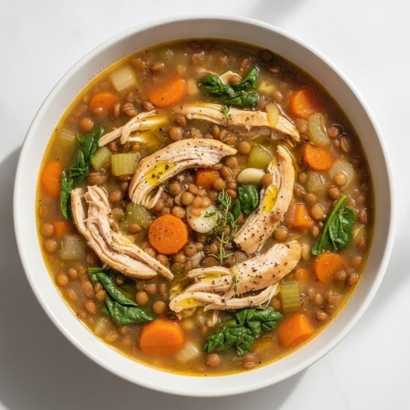 Hearty Vegetable and Lentil Soup with Shredded Chicken