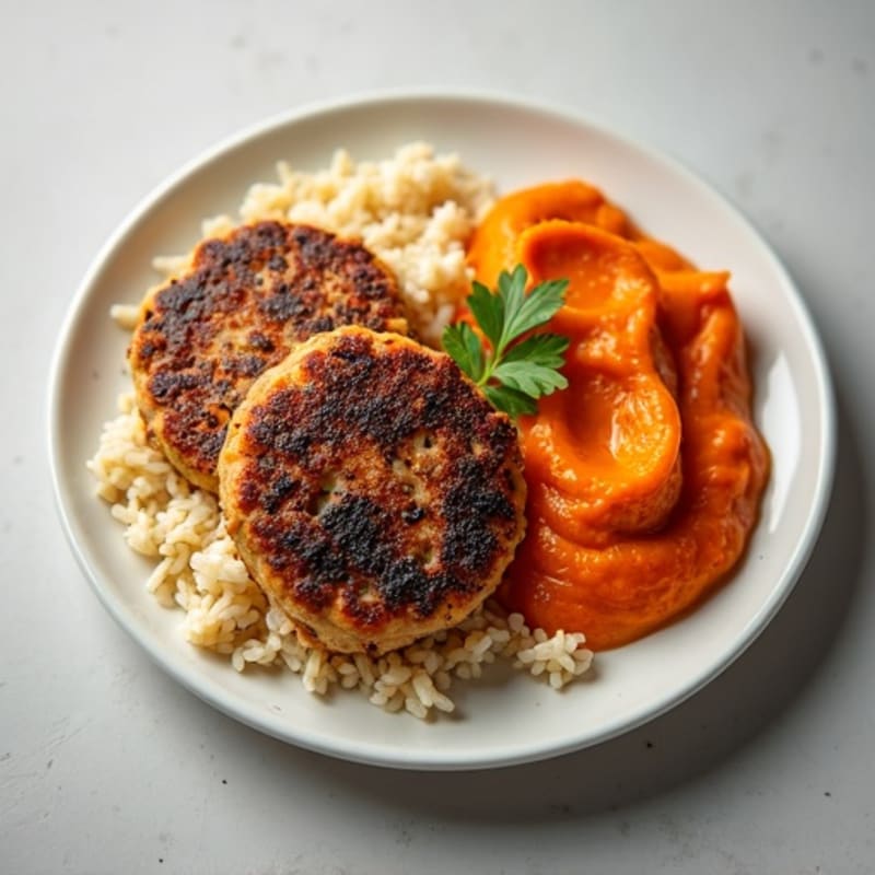 Seared Turkey Patties with Silky Carrot Purée and Steamed Jasmine Rice