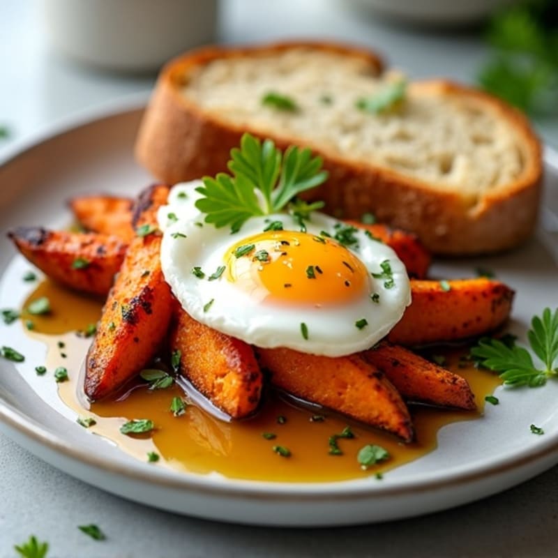 Crispy Baked Sweet Potato Wedges with Herb-Poached Eggs and Sourdough