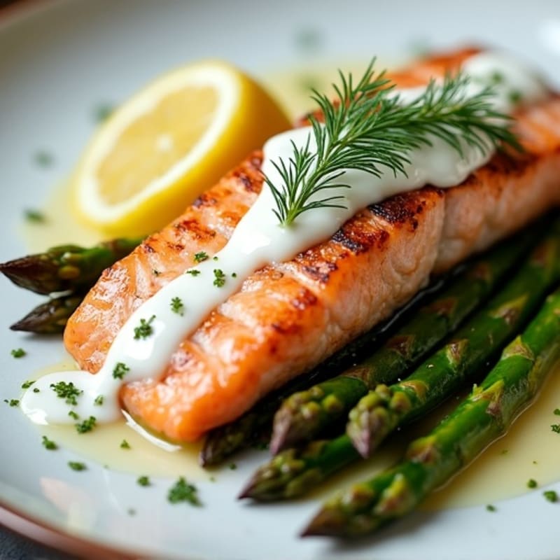 Pan-Seared Salmon with Roasted Asparagus and Lemon-Dill Sauce