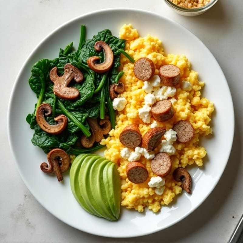 Egg White and Turkey Sausage Scramble with Sautéed Spinach