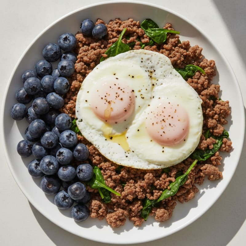 Ground Beef Hash with Berries and Spinach