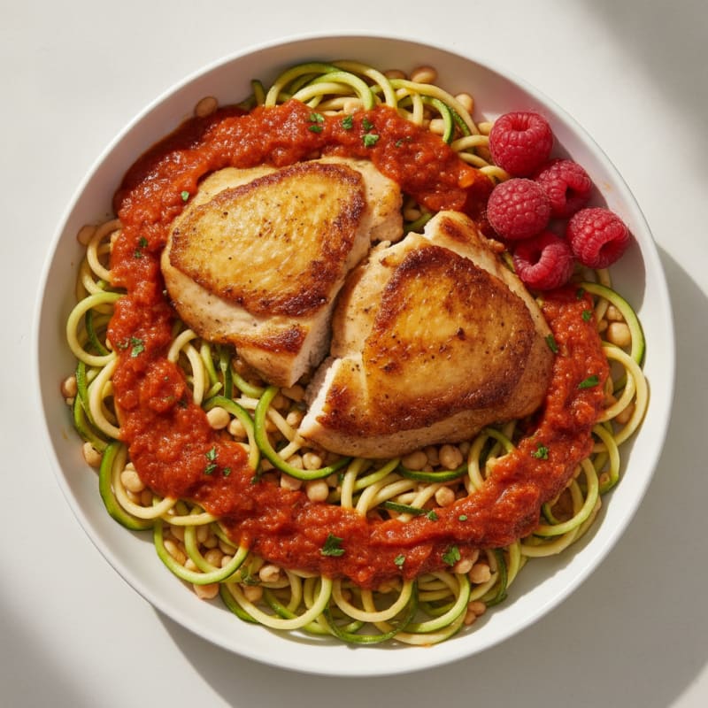 Seared Chicken Thighs with Veggie Pasta and Tomato Sauce