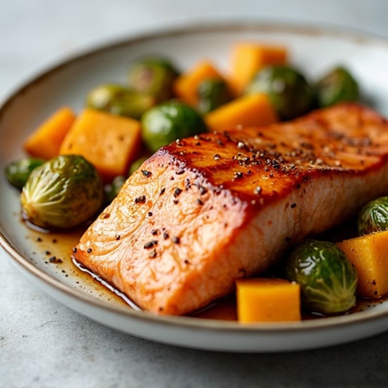 Sheet Pan Maple-Glazed Salmon with Roasted Brussels Sprouts and Butternut Squash
