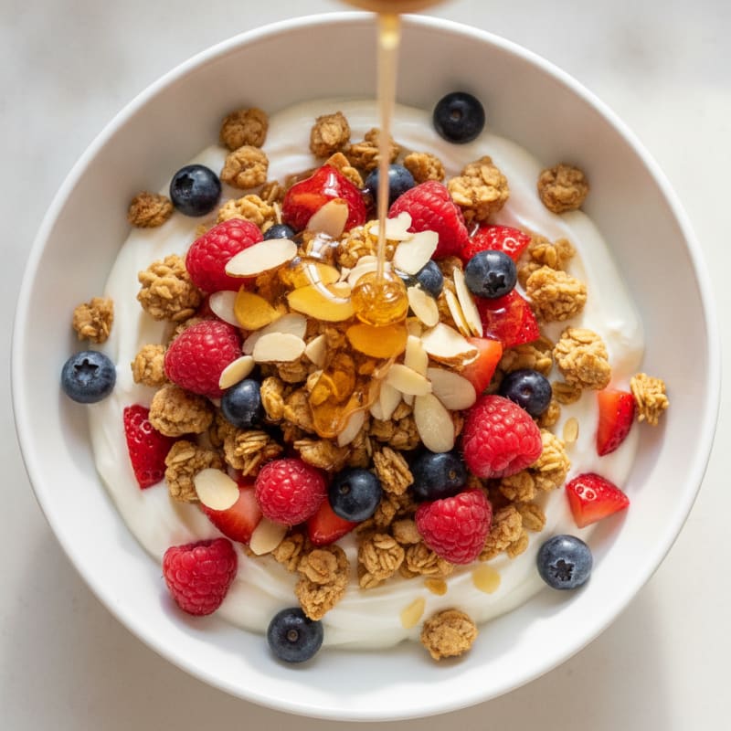 Greek Yogurt Parfait with Crunchy Almond Granola and Berries