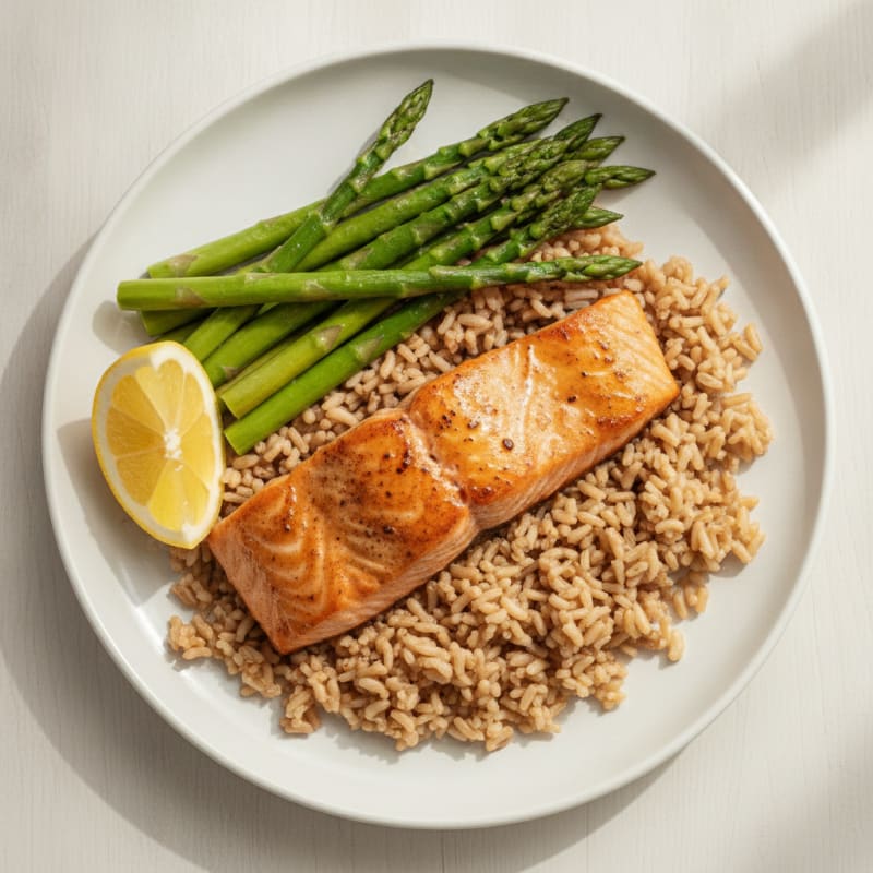 Seared Salmon with Steamed Asparagus and Brown Rice