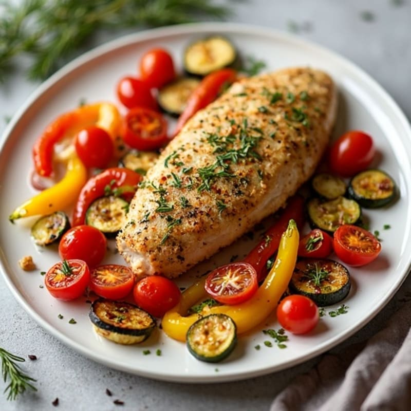 Herb-Crusted Sheet Pan Chicken with Roasted Rainbow Vegetables