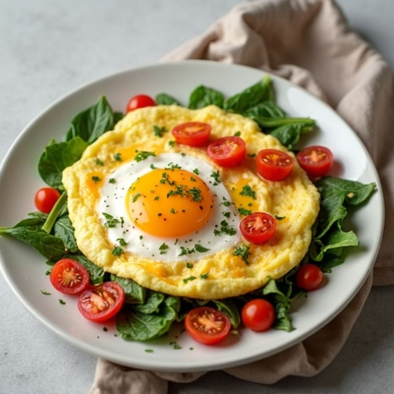 Fluffy Egg Omelette with Fresh Spinach and Cherry Tomatoes