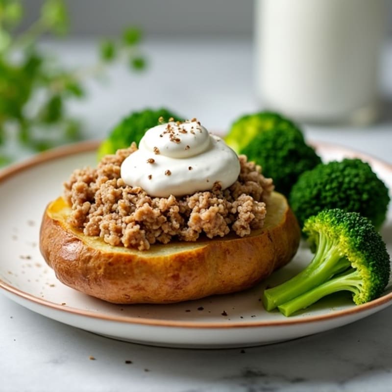 Crispy Baked Potato with Lean Ground Turkey, Steamed Broccoli, and Creamy Greek Yogurt Topping