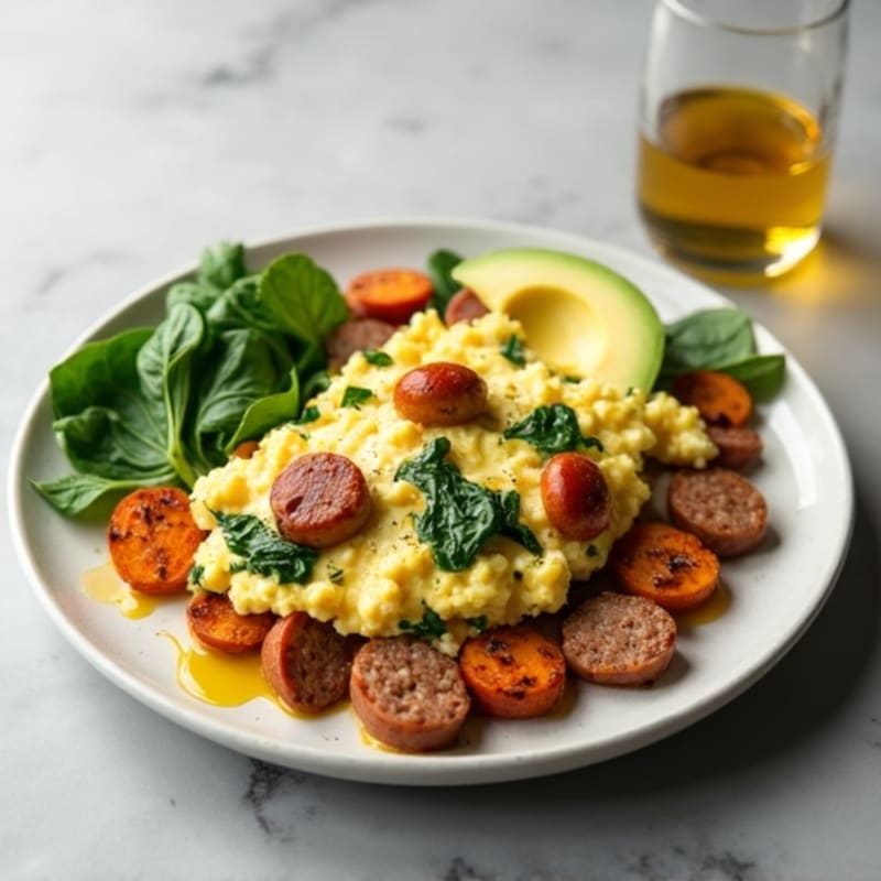 Egg White and Turkey Sausage Scramble with Spinach and Roasted Sweet Potato