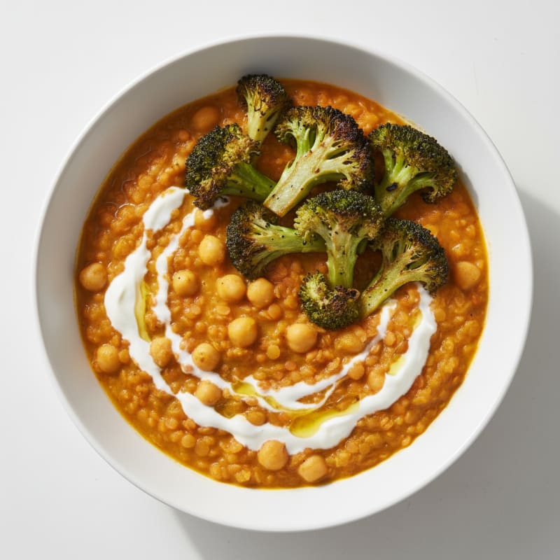 Creamy Lentil and Chickpea Stew with Roasted Broccoli