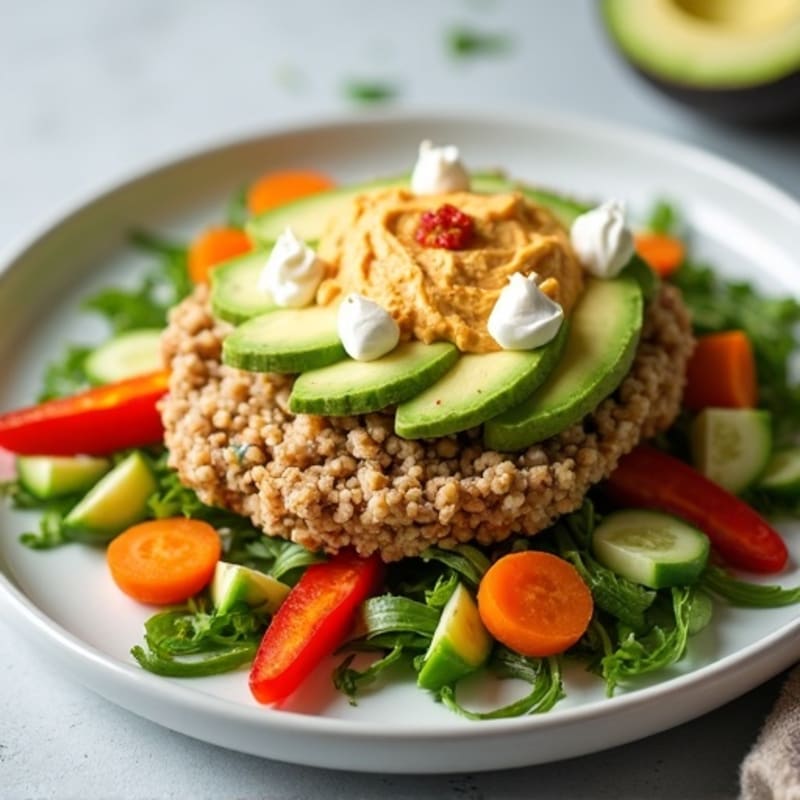 Ground Turkey with Creamy Cottage Cheese, Avocado, Hummus and Crunchy Veggie Salad
