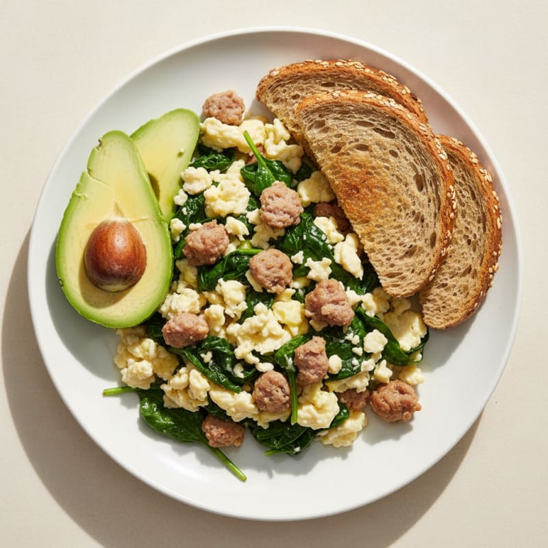 Egg White Scramble with Turkey Sausage and Sautéed Spinach