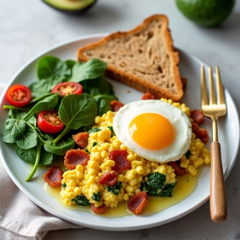 Cottage Cheese Egg Scramble with Spinach and Turkey Bacon