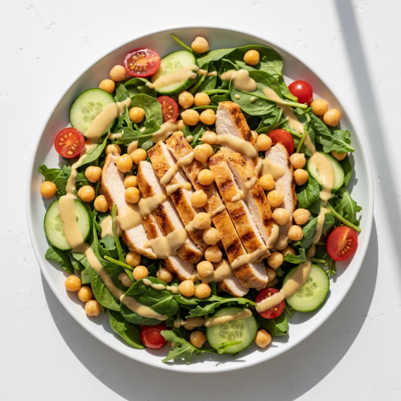 Grilled Turkey Breast Salad with Chickpeas and Lemon Tahini Dressing