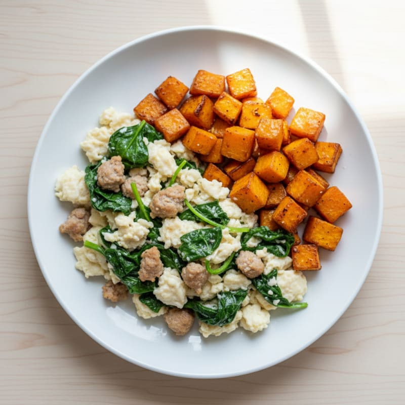 Egg White and Turkey Sausage Scramble with Spinach and Roasted Sweet Potato