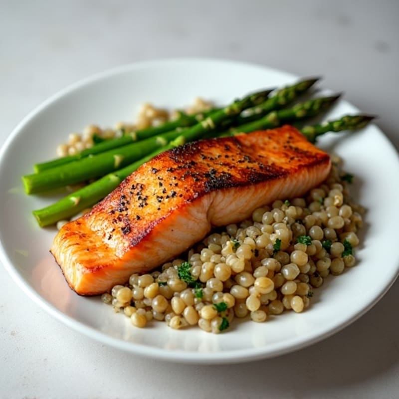 Seared Salmon Fillet with Steamed Asparagus and Lentil Mash