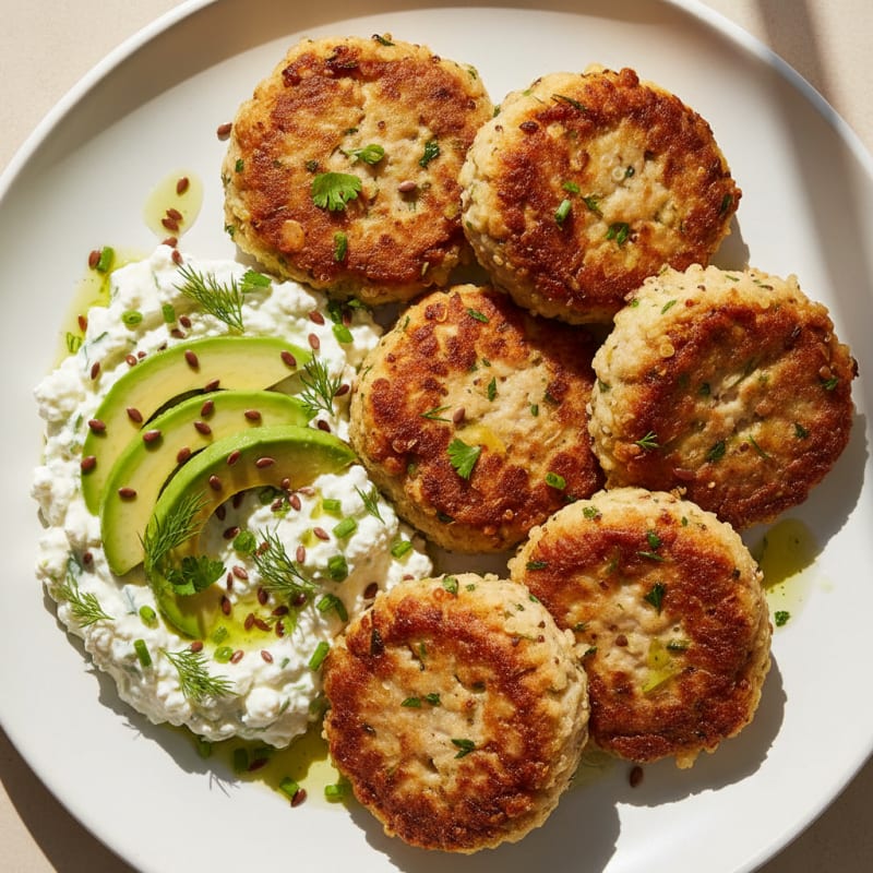 Seared Turkey and Quinoa Patties with Herbed Cottage Cheese Dip