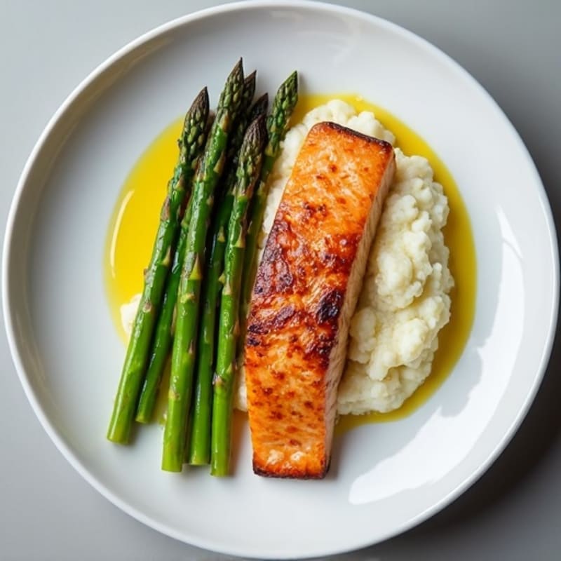 Seared Salmon with Steamed Asparagus and Cauliflower Mash