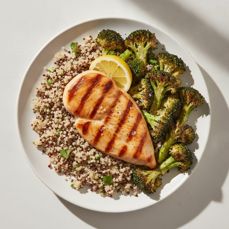 Grilled Chicken Breast with Quinoa and Roasted Broccoli