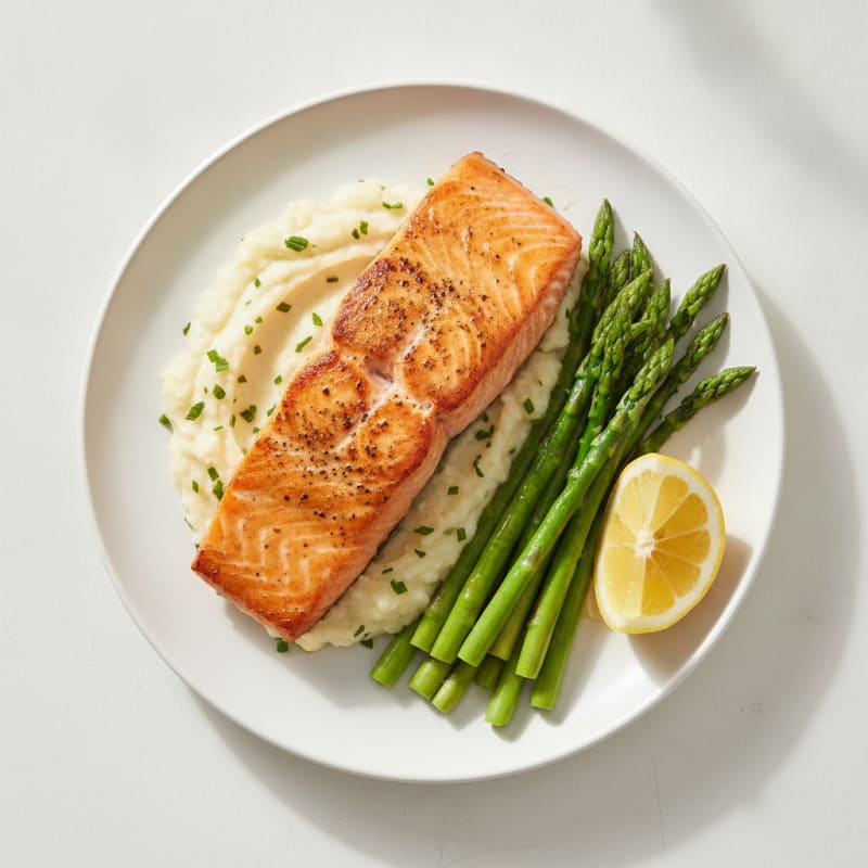 Seared Salmon with Steamed Asparagus and Cauliflower Mash