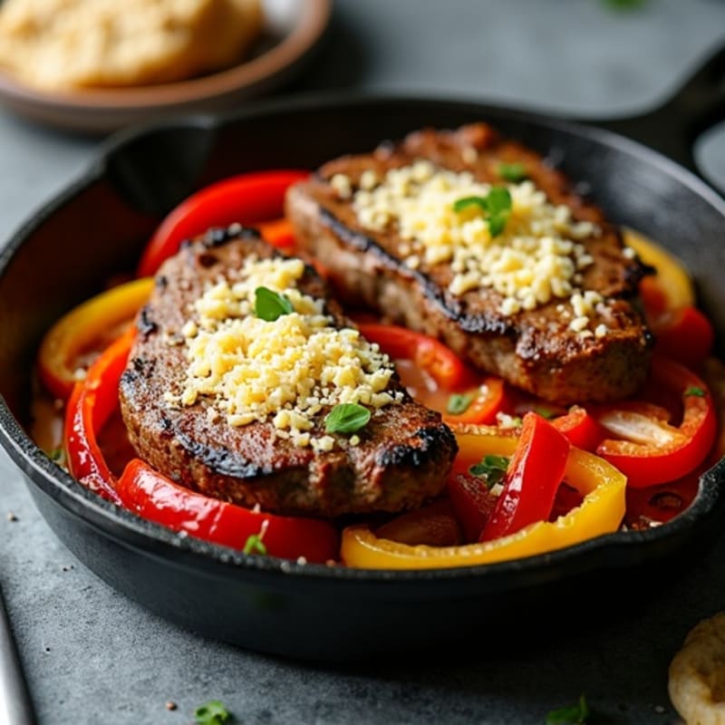 Skillet Seared Steak with Peppers, Onions, and Creamy Cheese
