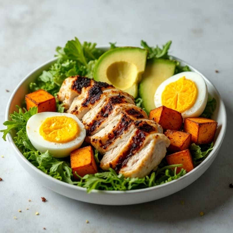 Grilled Chicken and Roasted Sweet Potato Salad with Sliced Avocado