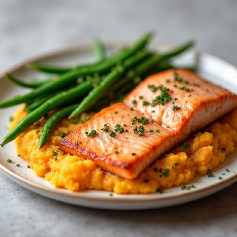 Seared Salmon with Steamed Green Beans and Sweet Potato Mash
