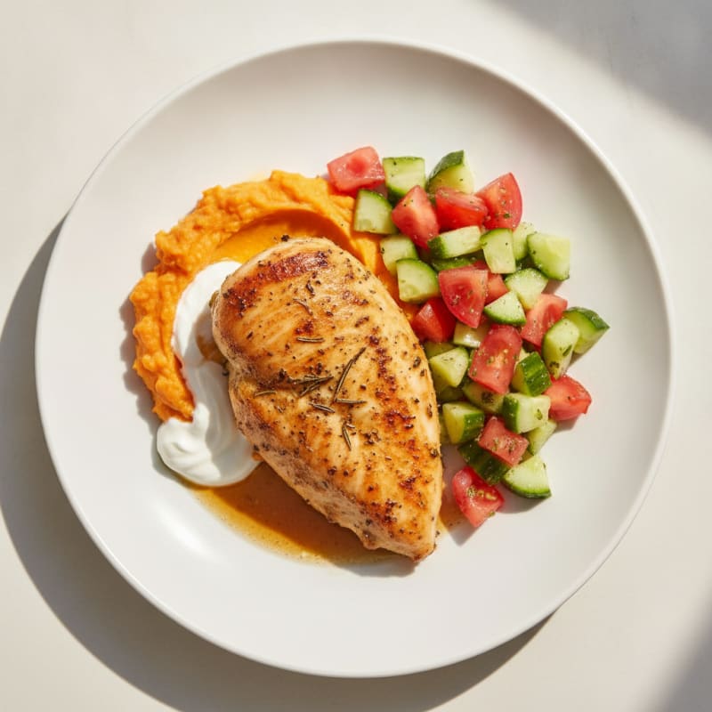 Herb-Roasted Chicken Breast with Sweet Potato Mash and Tomato Cucumber Salad